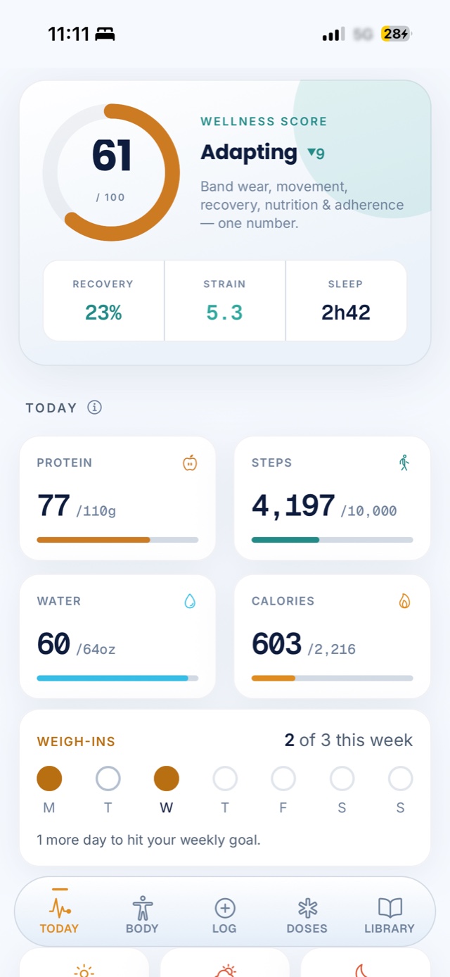 GLP Care app Today screen — Wellness Score with recovery, strain, sleep, and daily protein, steps, water, and calorie targets