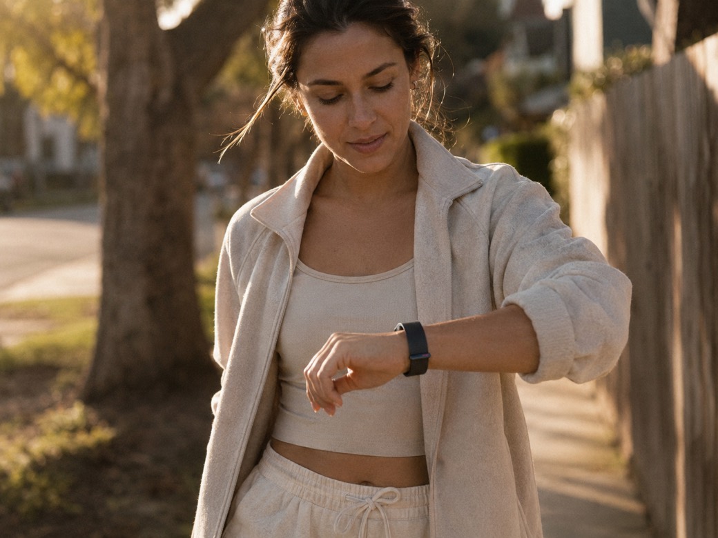 A GLP Care member on a golden-hour walk, glancing at the band on her wrist