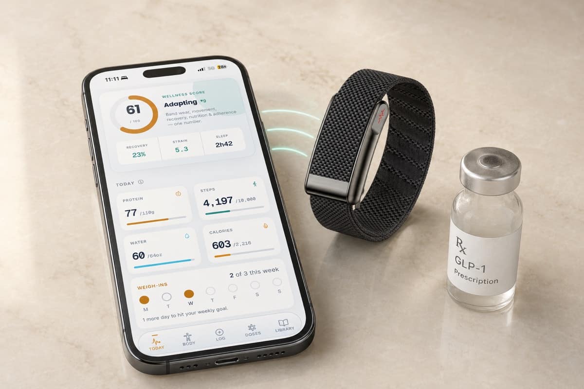 A prescription vial, the GLP Care Band, and the GLPCare app connected together