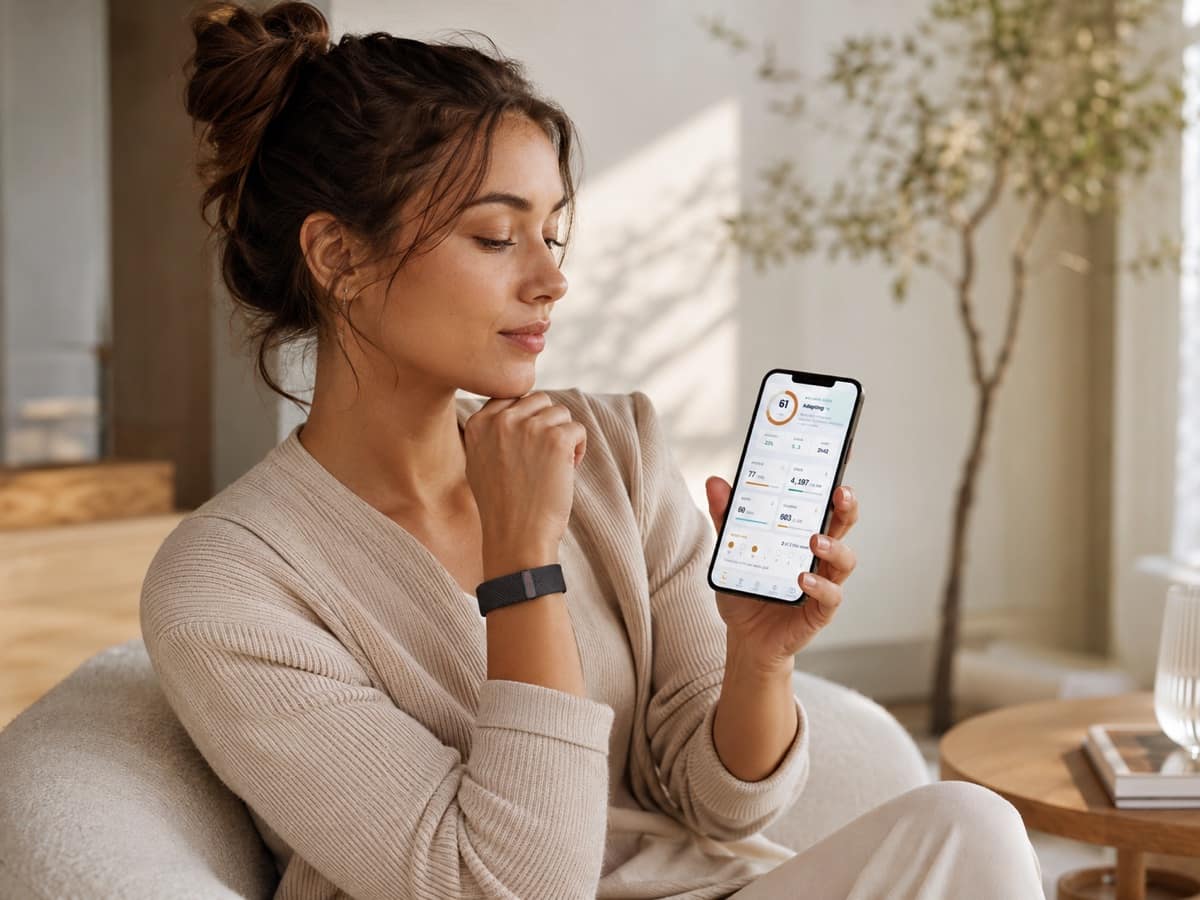 A GLPCare member at home reviewing her GLPCare Score in the app, wearing the GLP Care Band