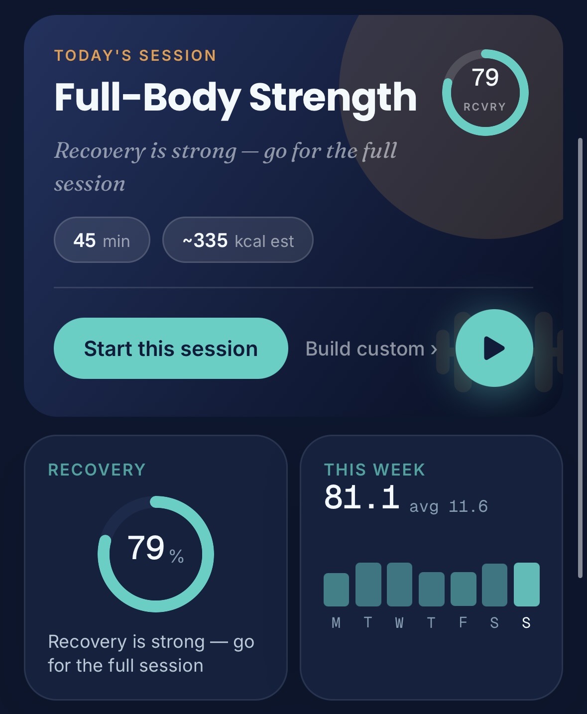The GLPCare app session screen: a Full-Body Strength session suggested at 79% recovery, 45 minutes, with the week's strain.