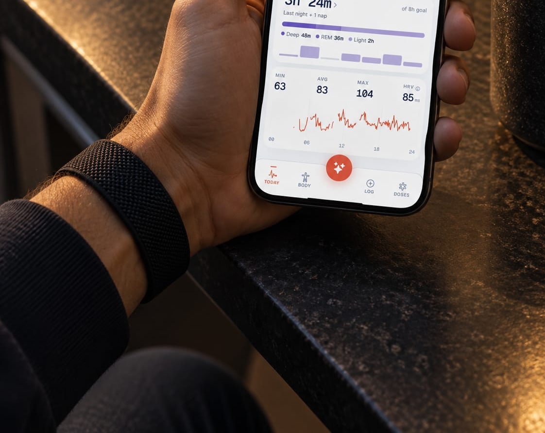 A hand wearing the Band, holding a phone showing last night's sleep stages and the day's heart-rate curve in the GLPCare app.
