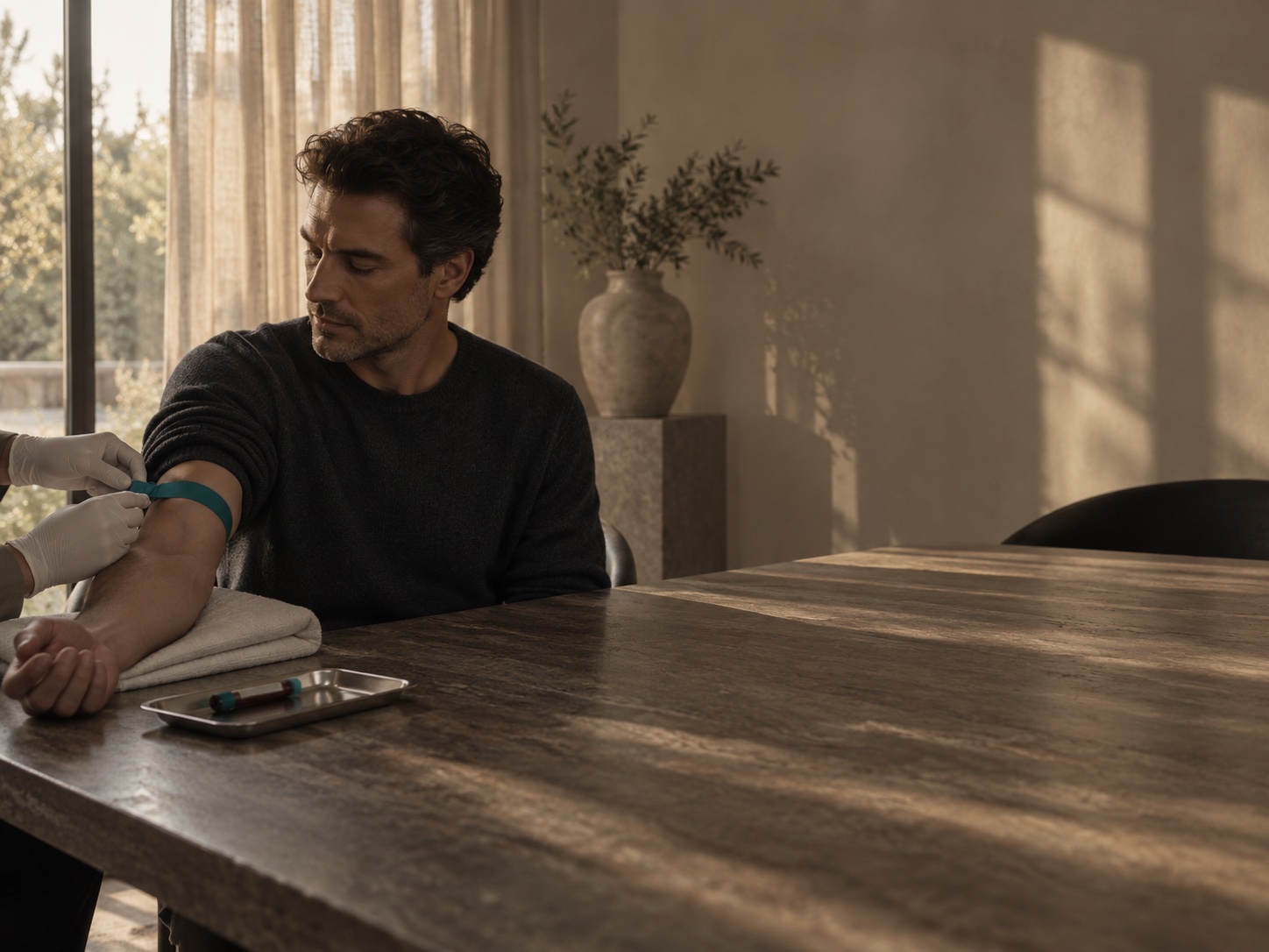 A blood draw: a gloved phlebotomist fastens a tourniquet on a seated man's arm.